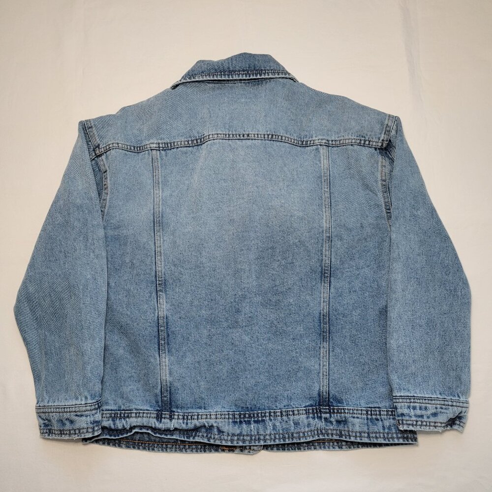 Celebrity Pink Oversized Patchwork Denim Jacket Distressed Womens Small Retro - Picture 10 of 11